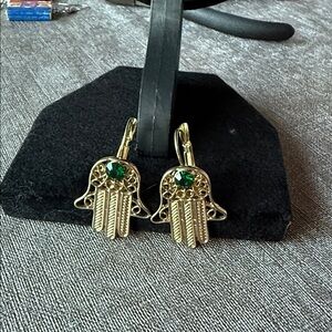 Vintage Gold Hamsa snap Earrings with Green Gemstone